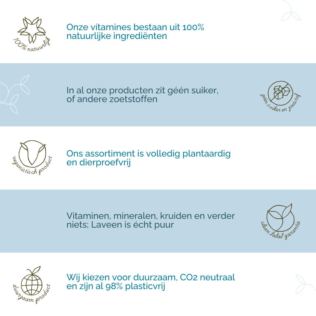 Laveen's USP's: 100% natuurlijk, geen suiker of zoetstoffen, alles is plantaardig en dierproefvrij, clean label dus geen toevoegingen, en duurzaam.