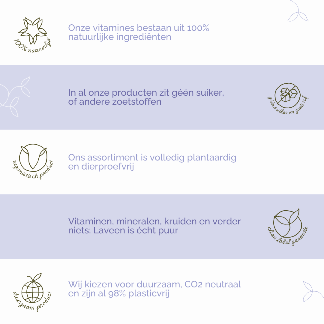 Laveen's USP's: 100% natuurlijk, geen suiker of zoetstoffen, alles is plantaardig en dierproefvrij, clean label dus geen toevoegingen, en duurzaam.