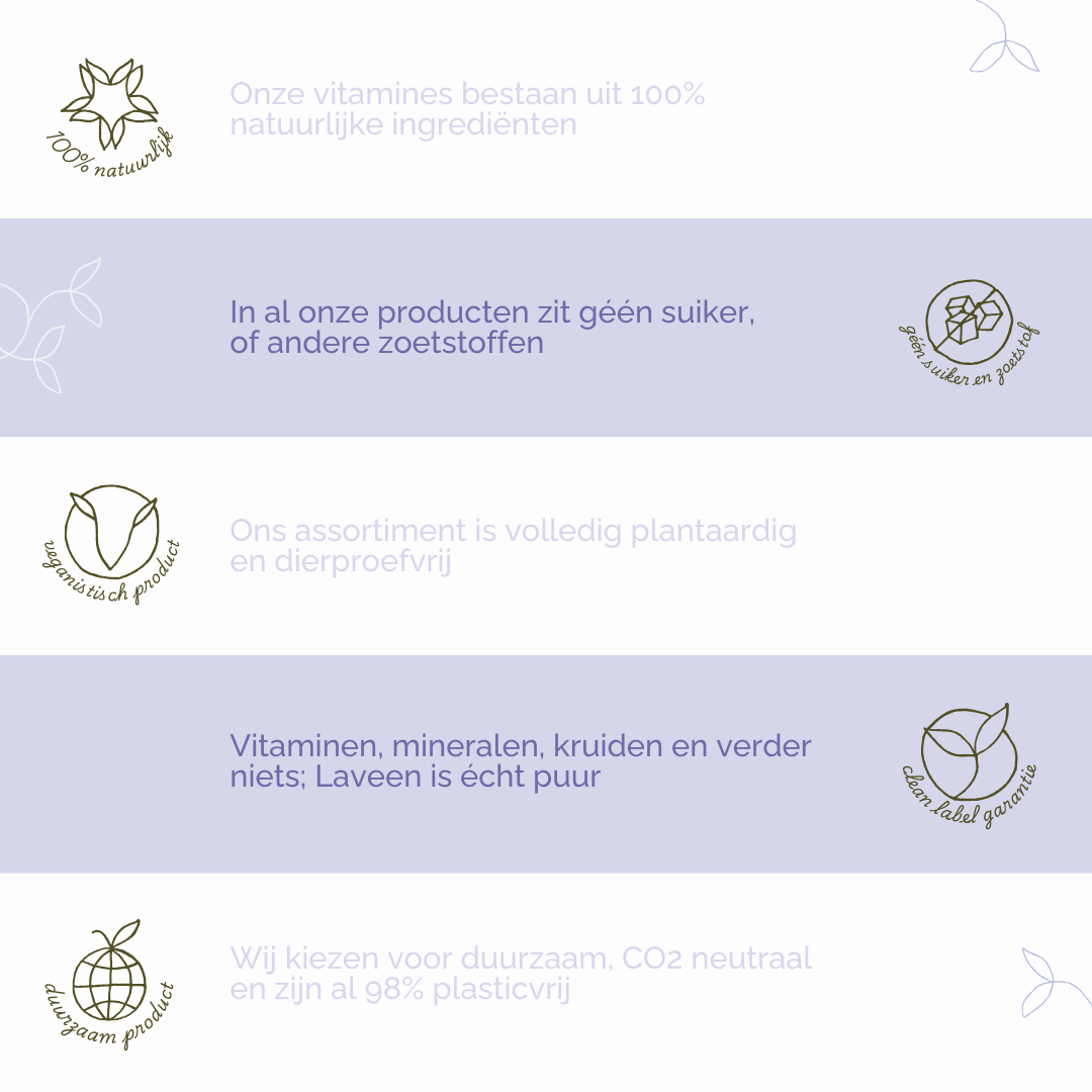 Laveen's USP's: 100% natuurlijk, geen suiker of zoetstoffen, alles is plantaardig en dierproefvrij, clean label dus geen toevoegingen, en duurzaam.