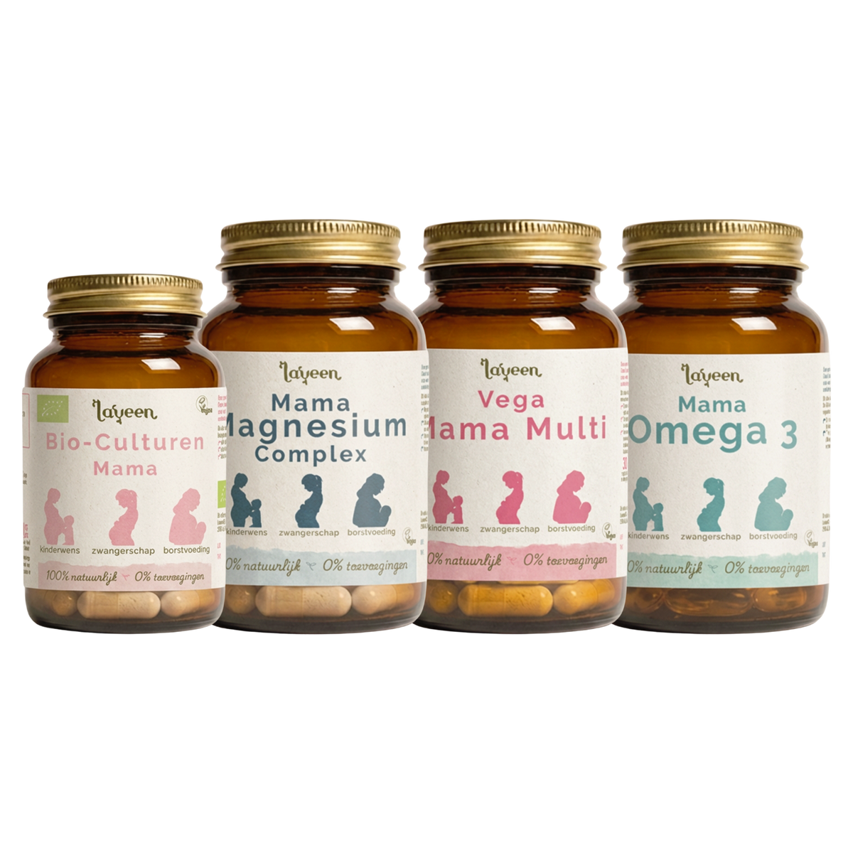 Laveen Mama Laatste Trimester Voordeelbundel met: Bio-Culturen Mama, Mama Magnesium Complex, Vega Mama Multi en Mama Omega 3. Capsules en softgels in glazen potten. De Bio-Culturen Mama pot is een slag kleiner dan de andere 3 potten.