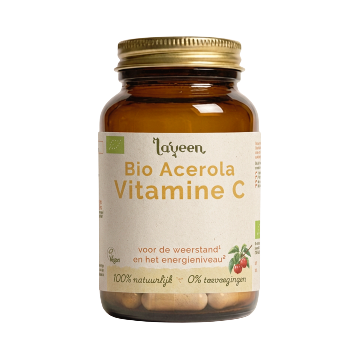 Glazen pot van de Bio Acerola Vitamine C van Laveen. Biologische en vegan gecertificeerd. Voor de weerstand en het energieniveau. 100% natuurlijk, 0% toevoegingen.