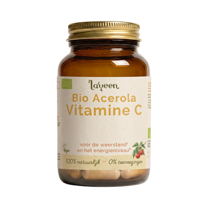 Glazen pot van de Bio Acerola Vitamine C van Laveen. Biologische en vegan gecertificeerd. Voor de weerstand en het energieniveau. 100% natuurlijk, 0% toevoegingen.