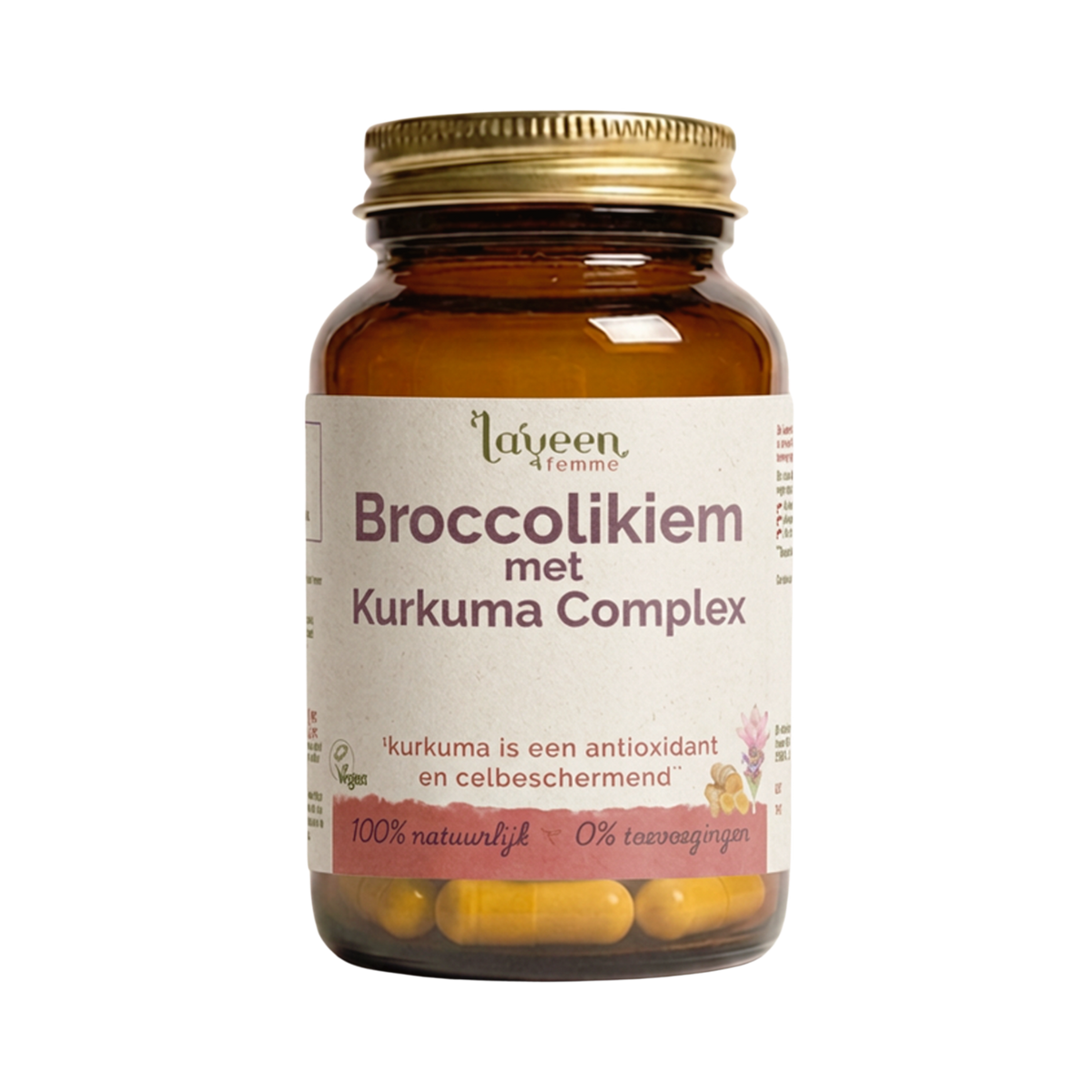 Laveen Broccolikiem met Kurkuma Complex capsules in glazen pot, supplement met broccolikiemextract, kurkuma en zwarte peper.
