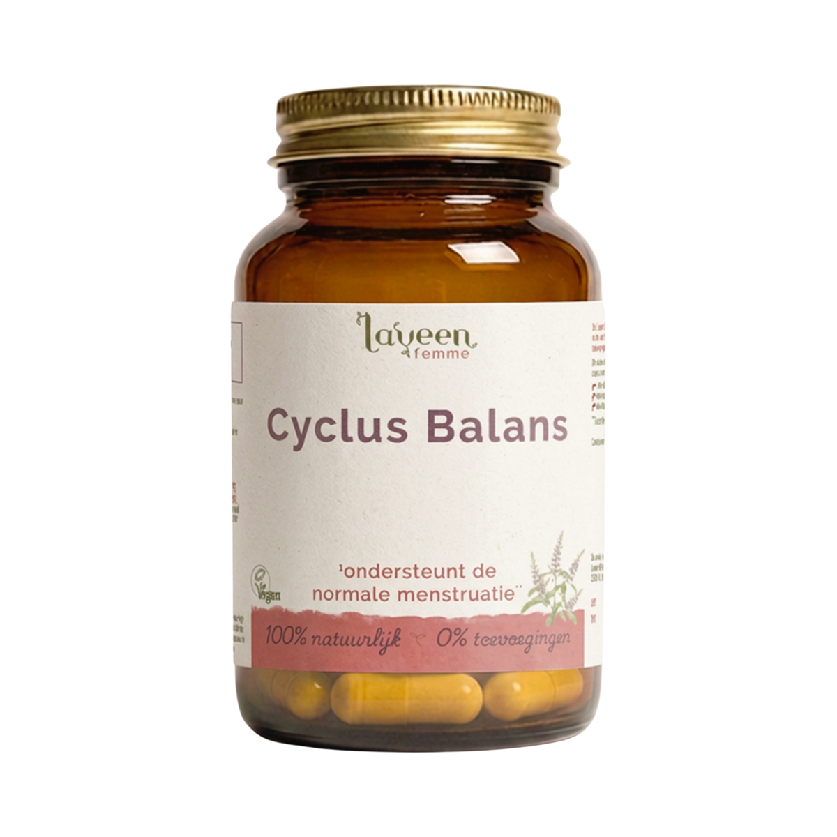 Laveen Cyclus Balans capsules in glazen pot, supplement met myo-inositol en monnikspeper ter ondersteuning van de normale menstruatie.