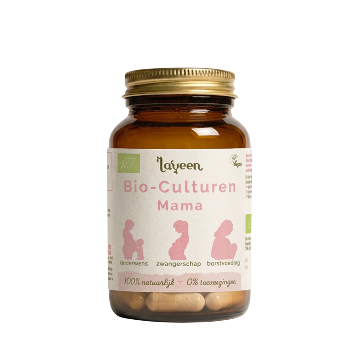 Glazen pot van de zwangerschaps probiotica van Laveen: de Bio-Culturen Mama voor vrouwen met een kinderwens, tijdens de zwangerschap en borstvoeding. 100 natuurlijk, 0% toevoegingen, bio gecertificeerd en vegan gecertificeerd.
