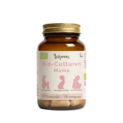 Glazen pot van de zwangerschaps probiotica van Laveen: de Bio-Culturen Mama voor vrouwen met een kinderwens, tijdens de zwangerschap en borstvoeding. 100 natuurlijk, 0% toevoegingen, bio gecertificeerd en vegan gecertificeerd.