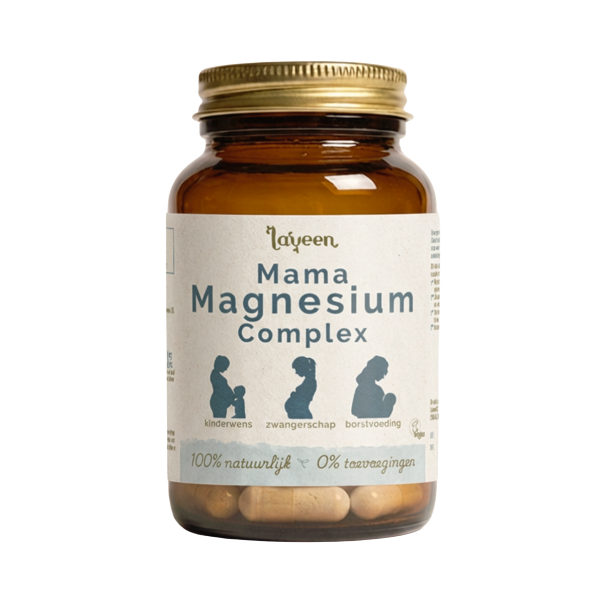 Laveen Mama Magnesium Complex capsules in glazen pot, magnesiumsupplement voor kinderwens, zwangerschap en borstvoeding