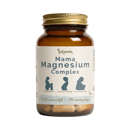Laveen Mama Magnesium Complex capsules in glazen pot, magnesiumsupplement voor kinderwens, zwangerschap en borstvoeding