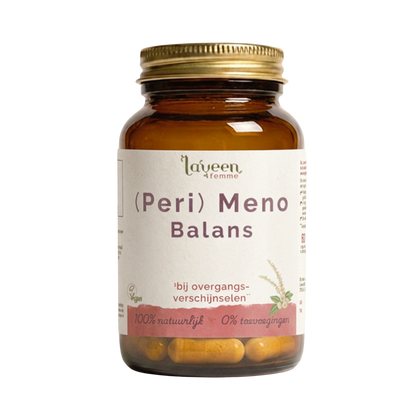 Laveen (Peri) Meno Balans capsules in glazen pot, kruidensupplement voor ondersteuning bij overgangsverschijnselen