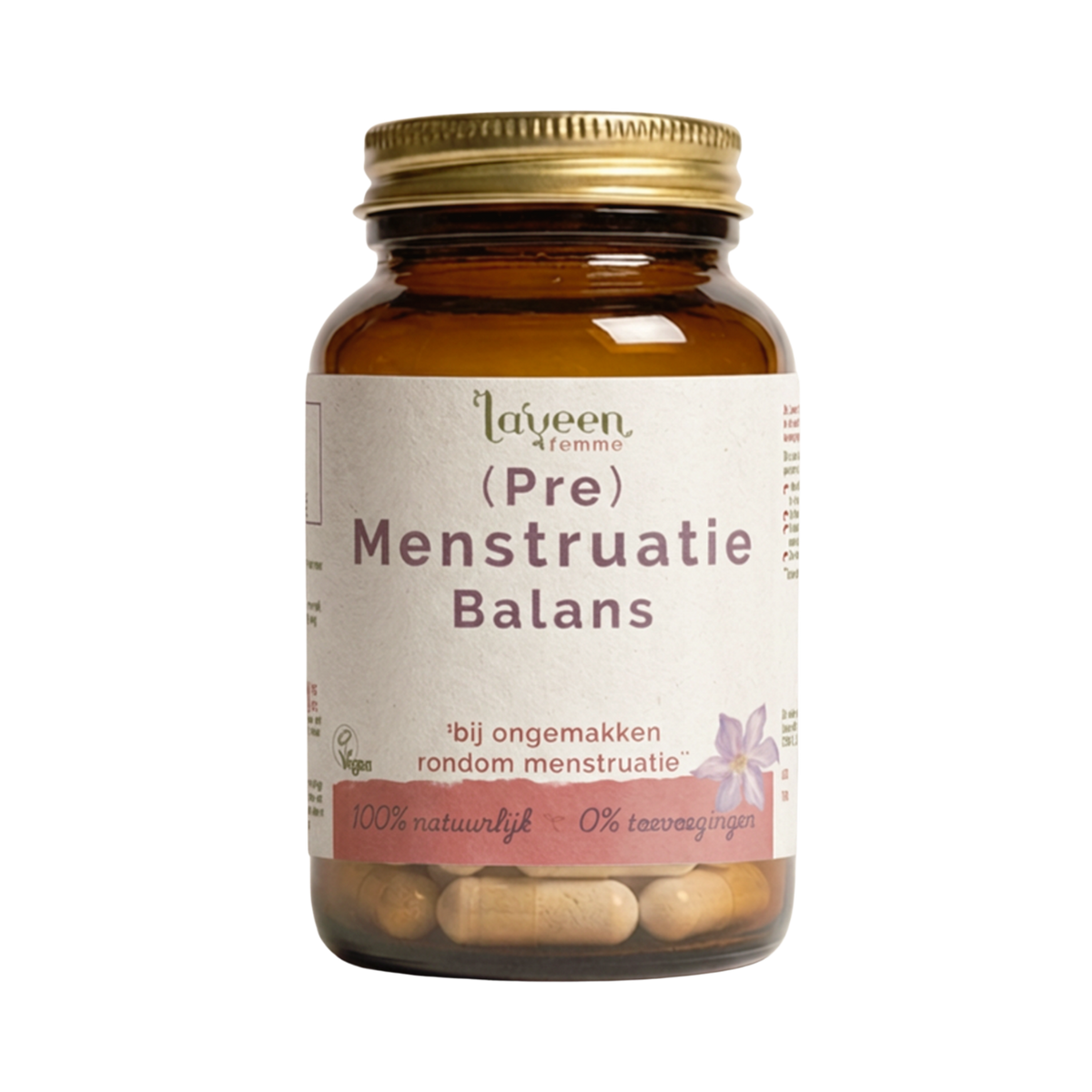 Laveen (Pre) Menstruatie Balans capsules in glazen pot, kruidensupplement met monnikspeper voor ondersteuning rond de menstruatie.