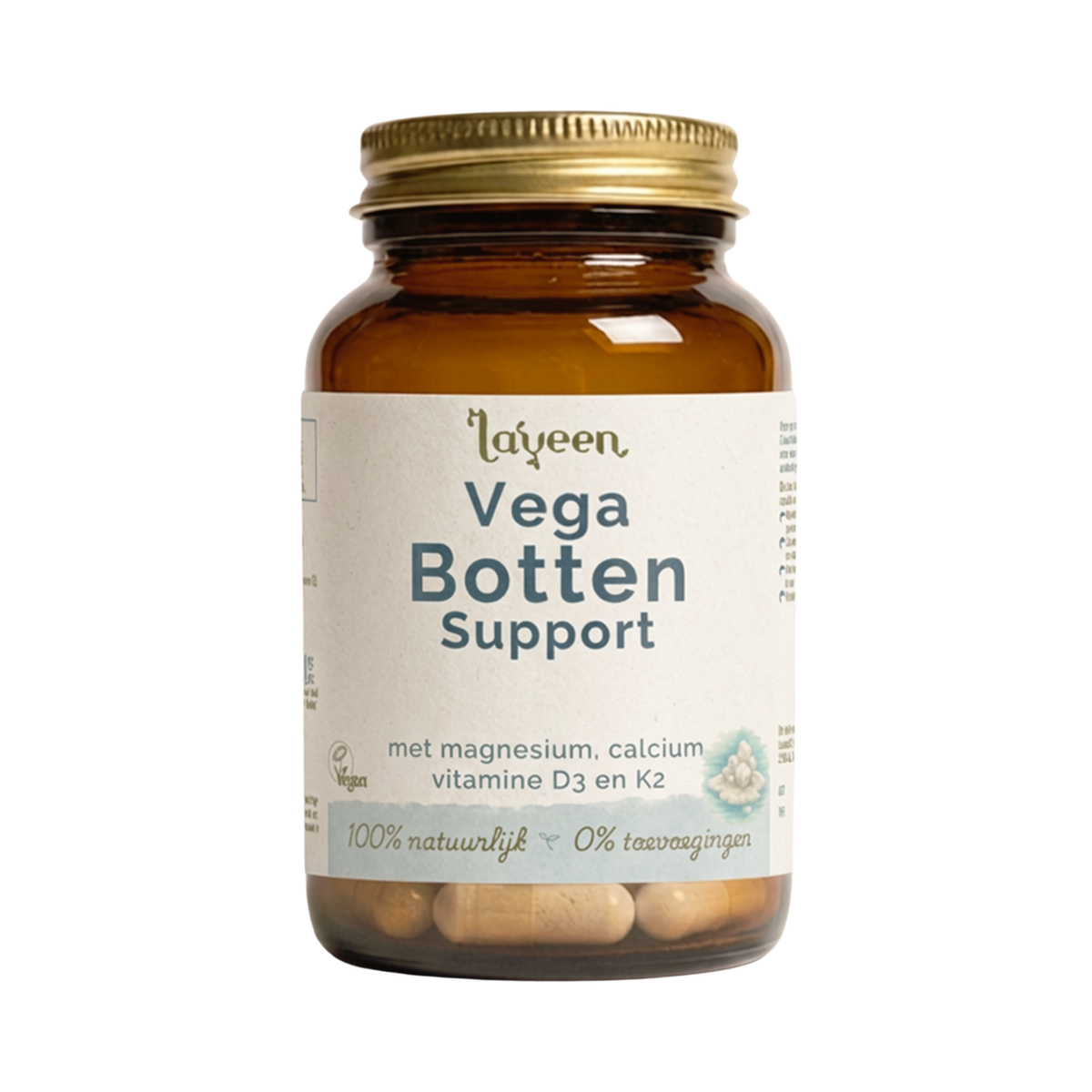 Vega Botten Support van Laveen. Een glazen pot met capsules.