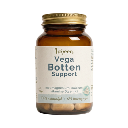 Vega Botten Support van Laveen. Een glazen pot met capsules.