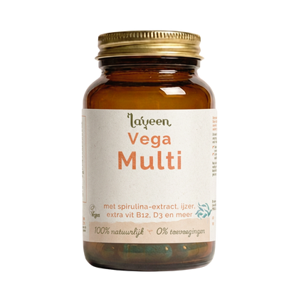 Laveen Vega Multi met spirulina-extract, ijzer, extra vitamine B12, D3 en meer. 100% natuurlijk, 0% toevoegingen en vegan gecertificeerd. Een multivitamine in een glazen pot.