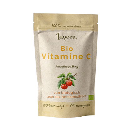 Laveen Bio Vitamine C van acerola-bessen extract navulverpakking: een zakje van gerecycled papier.
