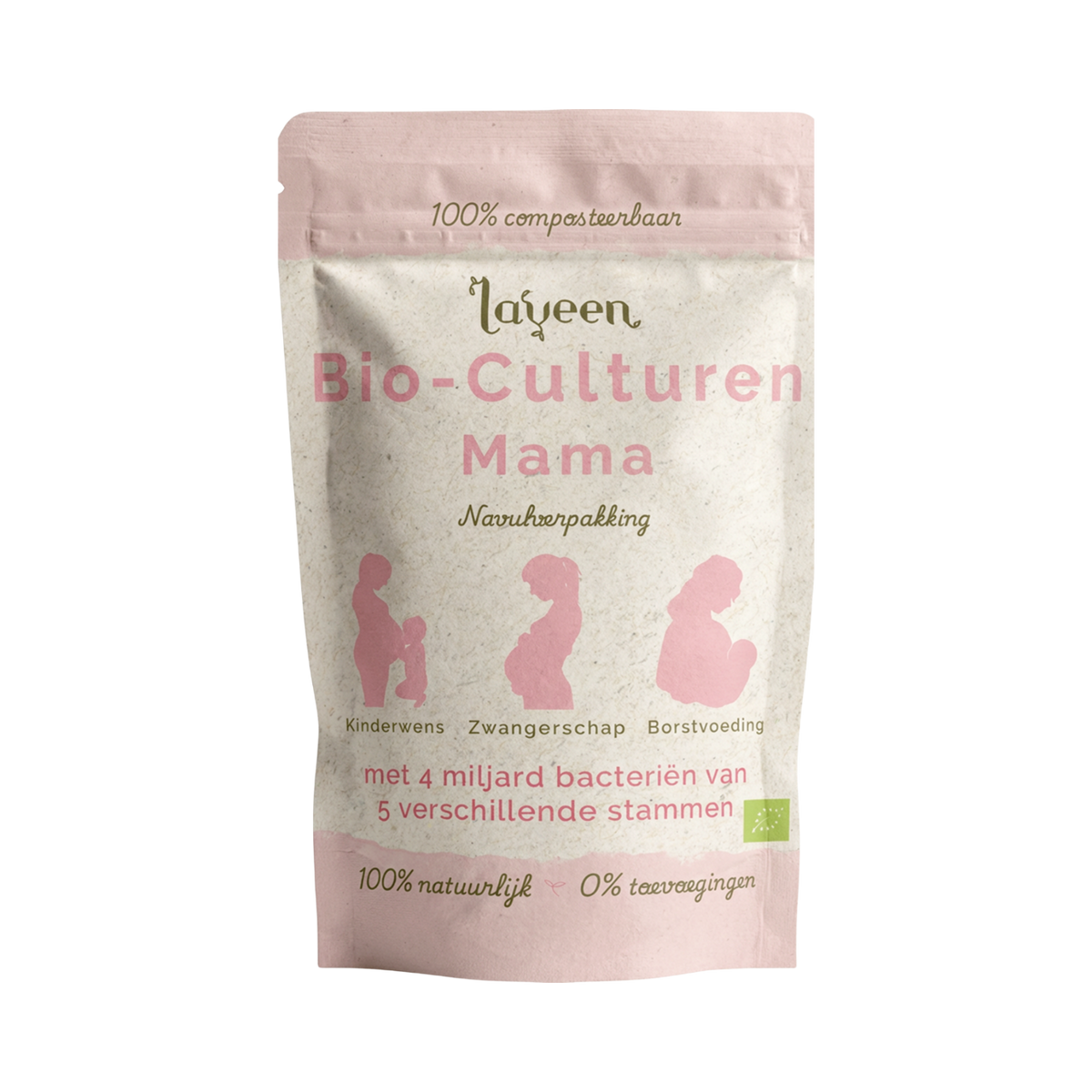 De zwangerschaps probiotica van laveen: Bio-Culturen Mama Navulverpakking. Een 100% composteerbaar zakje van gerecycled papier. Met 4 miljard bacteriën van 5 verschillende stammen, speciaal voor vrouwen met een kinderwens, tijdens de zwangerschap en borstvoeding.