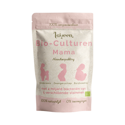 De zwangerschaps probiotica van laveen: Bio-Culturen Mama Navulverpakking. Een 100% composteerbaar zakje van gerecycled papier. Met 4 miljard bacteriën van 5 verschillende stammen, speciaal voor vrouwen met een kinderwens, tijdens de zwangerschap en borstvoeding.