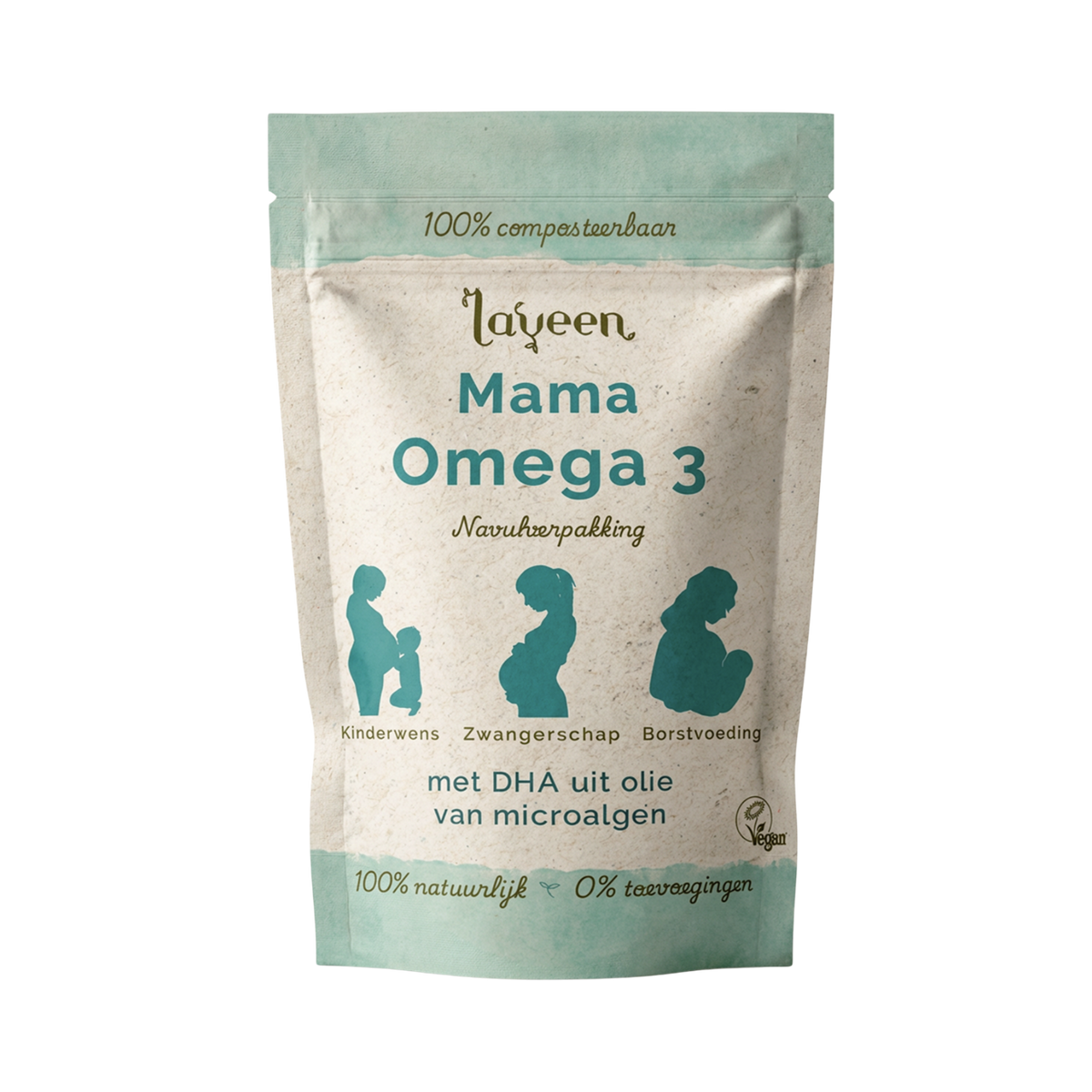 De navulverpakking van de Mama Omega 3 met DHA uit olie van microalgen. Vegan gecertificeerd. 100% composteerbaar zakje van gerecycled papier.
