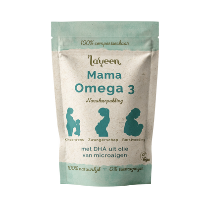 De navulverpakking van de Mama Omega 3 met DHA uit olie van microalgen. Vegan gecertificeerd. 100% composteerbaar zakje van gerecycled papier.