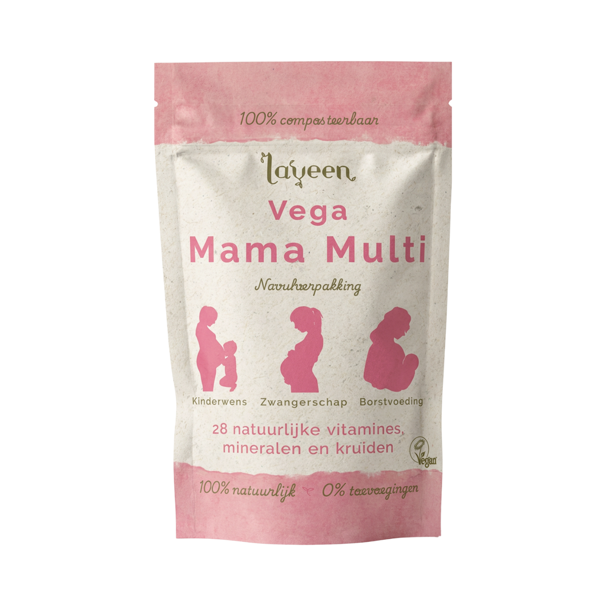 De navulverpakking van de zwangerschaps multivitamine Vega Mama Multi van Laveen. Voor tijdens de kinderwens, zwangerschap en borstvoeding met 28 natuurlijke vitamines, mineralen en kruiden. Vegan gecertificeerd, 100% natuurlijk, 0% toevoegingen in een 100% composteerbaar zakje van gerecycled papier.