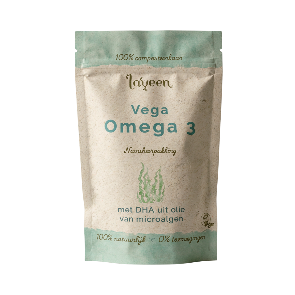 Laveen Vega Omega 3 navulverpakking. Met DHA uit olie van microalgen. Een zakje van gerecycled, 100% composteerbaar papier.
