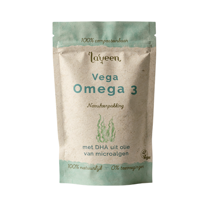 Laveen Vega Omega 3 navulverpakking. Met DHA uit olie van microalgen. Een zakje van gerecycled, 100% composteerbaar papier.