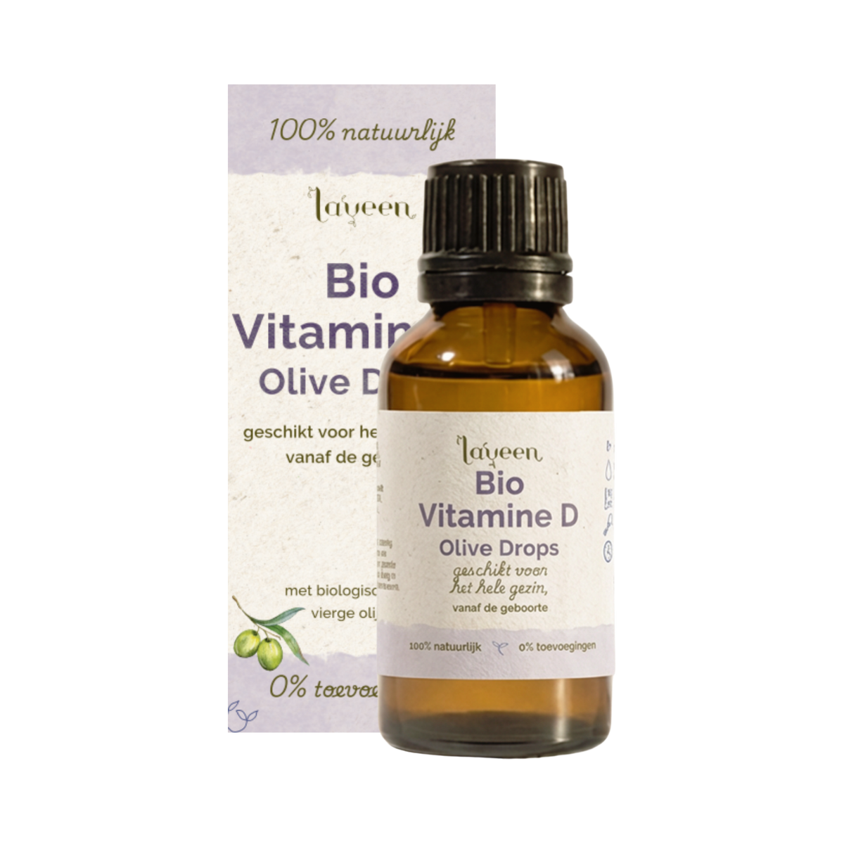 Flesje en verpakking van Laveen Bio Vitamine D druppels. Geschikt voor het hele gezin vanaf de geboorte, op basis van biologische extra vierge olijfolie en zonder toevoegingen.
