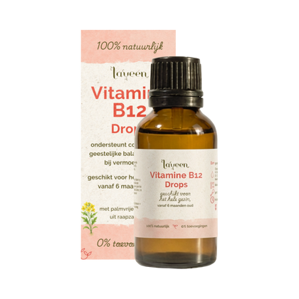 Laveen Vitamine B12 Drops in glazen flesje, geschikt voor het hele gezin vanaf 6 maanden, met 100% natuurlijke ingrediënten en zonder toevoegingen