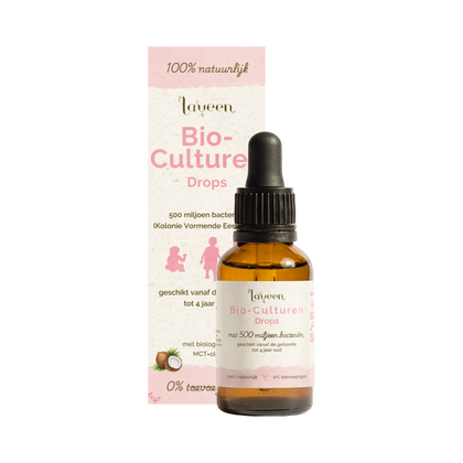 De baby probiotica druppels van Laveen: de Bio-Culturen drops met 500 miljoen bacteriën in een glazen pipetflesje.