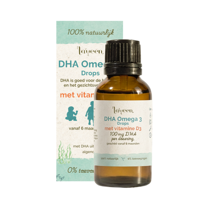 Laveen DHA Omega 3 Drops met vitamine D3 in glazen flesje, geschikt vanaf 6 maanden, met DHA uit algen en 100% natuurlijke ingrediënten