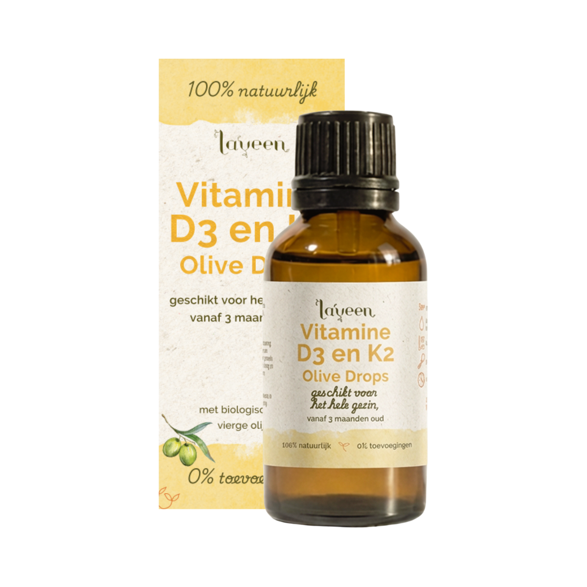 Laveen Vitamine D3 en K2 druppels in olijfolie, geschikt vanaf 3 maanden, met vitamine D3 en K2 en zonder toevoegingen.