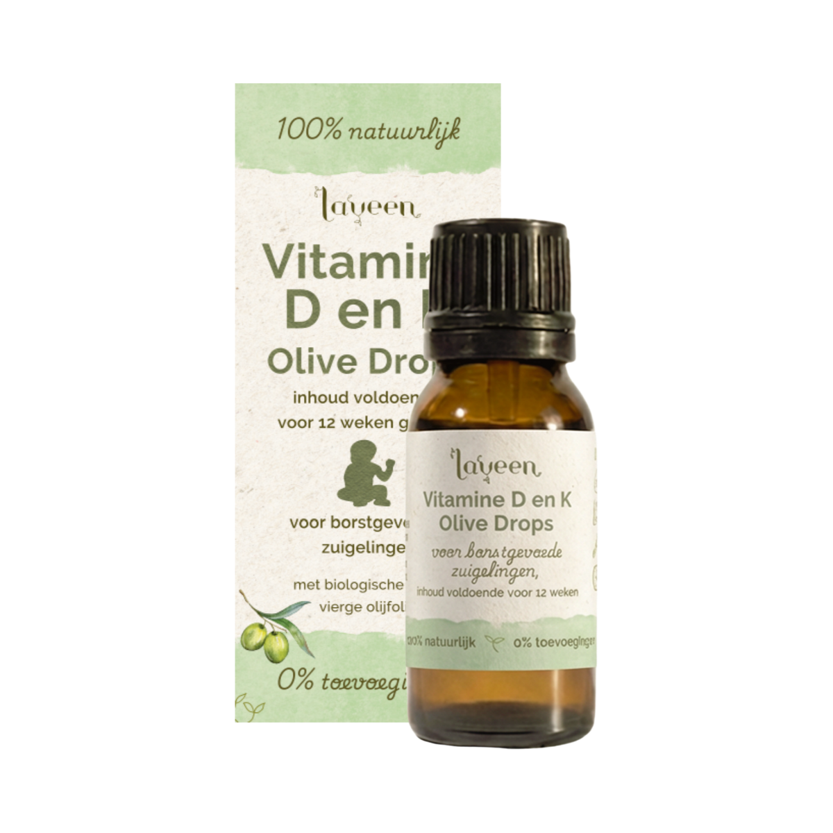 Flesje en verpakking van Laveen Vitamine D en K druppels. Geschikt voor borstgevoede zuigelingen, op basis van biologische olijfolie en zonder toevoegingen.