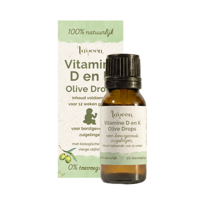 Flesje en verpakking van Laveen Vitamine D en K druppels. Geschikt voor borstgevoede zuigelingen, op basis van biologische olijfolie en zonder toevoegingen.