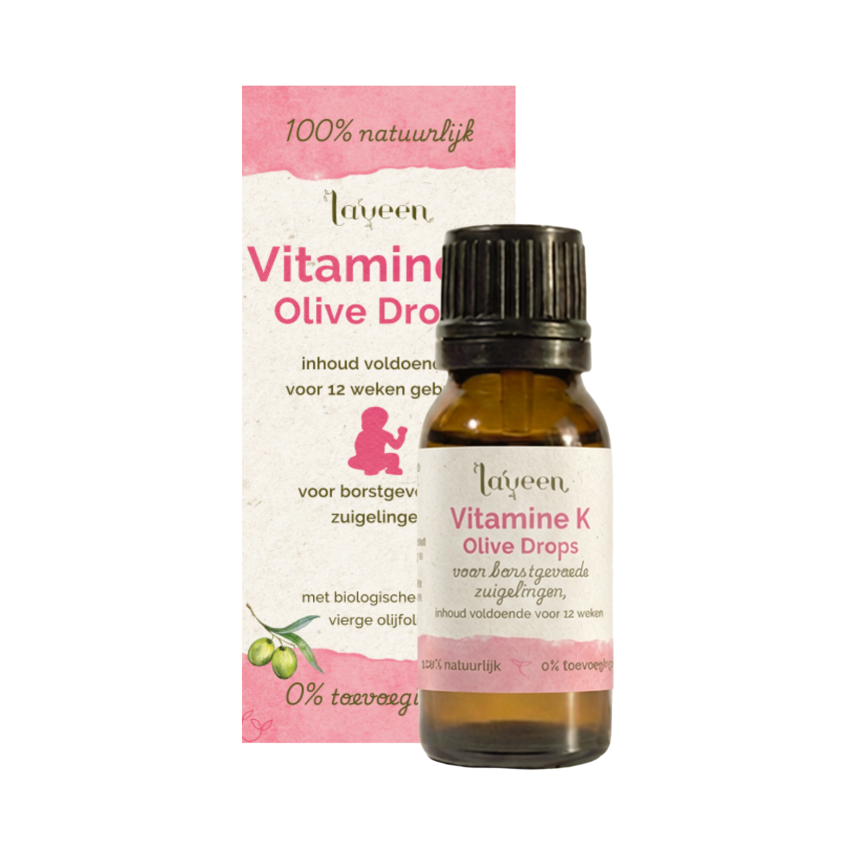 Glazen druppelflesje van Laveen Vitamine K olive drops voor borstgevoede zuigelingen. Inhoud precies voldoende voor 12 weken.