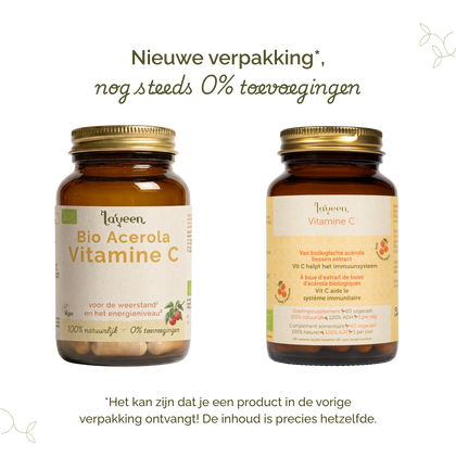 Vergelijking van oude en nieuwe verpakkingen van Laveen; vernieuwd label met nog steeds 0% toevoegingen en dezelfde inhoud.