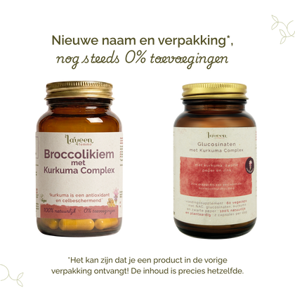 Vergelijking van oude en nieuwe verpakking van Laveen Broccolikiem met Kurkuma Complex (nu Glucosinolaten met Kurkuma Complex); nieuwe naam en verpakking, inhoud ongewijzigd en nog steeds zonder toevoegingen.