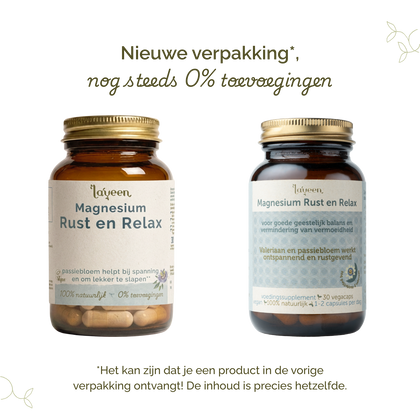 Vergelijking van oude en nieuwe verpakkingen van Laveen; vernieuwd label met nog steeds 0% toevoegingen en dezelfde inhoud.