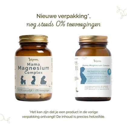 Vergelijking van oude en nieuwe verpakking van Laveen Mama Magnesium Complex supplement; vernieuwd label met nog steeds 0% toevoegingen en dezelfde inhoud.