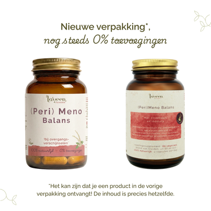 Vergelijking van oude en nieuwe verpakking van Laveen (Peri) Meno Balans supplement; vernieuwd label met nog steeds 0% toevoegingen en dezelfde inhoud.