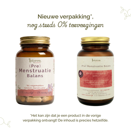 Vergelijking van oude en nieuwe verpakking van Laveen (Pre) Menstruatie Balans supplement; vernieuwd label met nog steeds 0% toevoegingen en dezelfde inhoud.