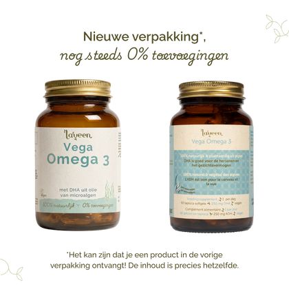 Vergelijking van oude en nieuwe verpakkingen van Laveen; vernieuwd label met nog steeds 0% toevoegingen en dezelfde inhoud.