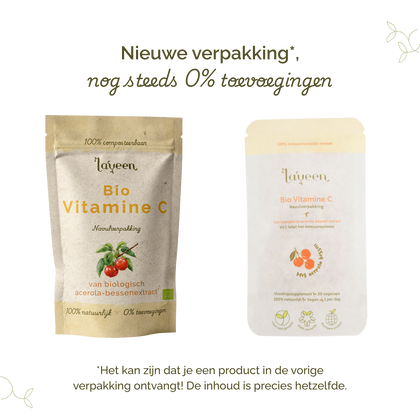 Vergelijking van oude en nieuwe verpakking van Laveen Bio Vitamine C supplement; vernieuwd label met nog steeds 0% toevoegingen en dezelfde inhoud.