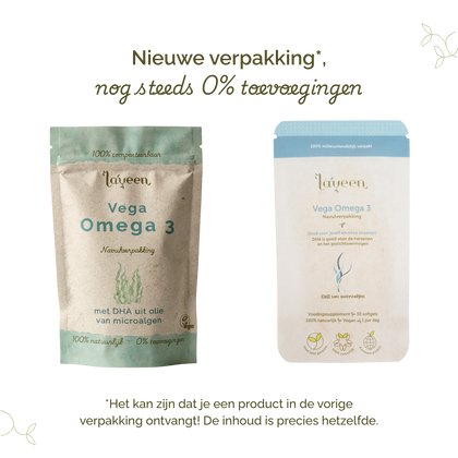 Vergelijking van oude en nieuwe verpakking van Laveen Vega Omega 3 navulverpakking supplement; vernieuwd label met nog steeds 0% toevoegingen en dezelfde inhoud.