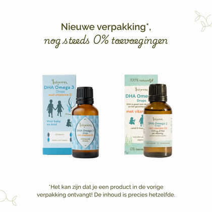 Nieuwe en oude verpakking van Laveen DHA Omega 3 Drops naast elkaar, met vermelding dat de inhoud gelijk is en nog steeds zonder toevoegingen