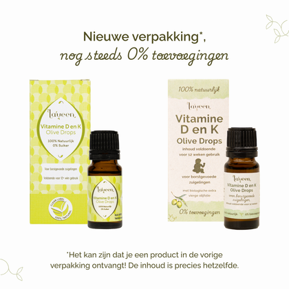 Vergelijking van oude en nieuwe verpakking van Laveen Vitamine D en K druppels voor zuigelingen. De verpakking is vernieuwd, maar de inhoud is hetzelfde en bevat nog steeds 0% toevoegingen. Het is mogelijk dat je nog de oude verpakking ontvangt.