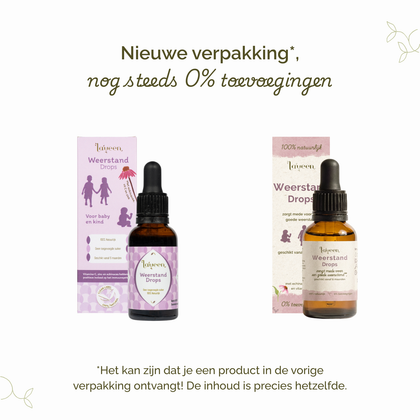 Afbeelding van Laveen Weerstand Drops met oude en nieuwe verpakking. De formule is ongewijzigd en bevat nog steeds 0% toevoegingen. Het kan voorkomen dat je de oude verpakking ontvangt.