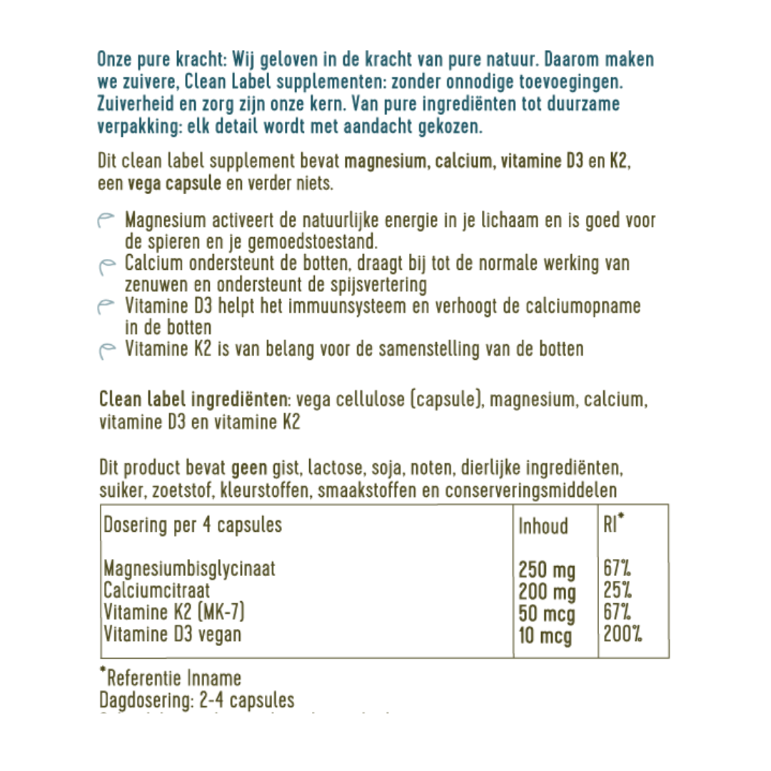 Ingrediënten van de Mama Magnesium Complex: Magnesium, calcium, vitamine D3 en vitamine K2.