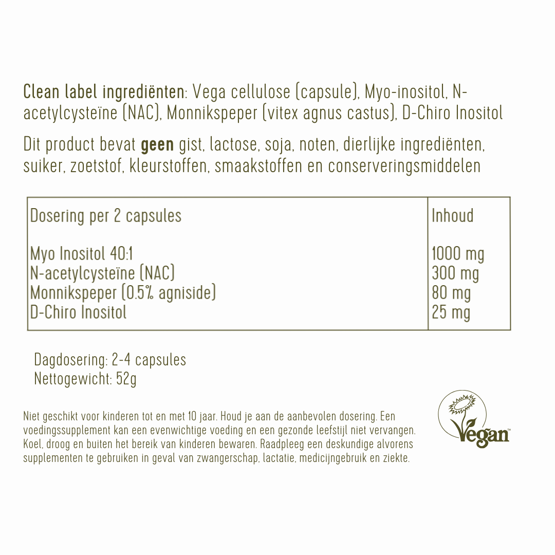 Een ingrediëntenlijst van de Cyclus Balans. Het bevat myo-inositol, nacetylcysteïne, monnikspeper en d-chiro inositol.