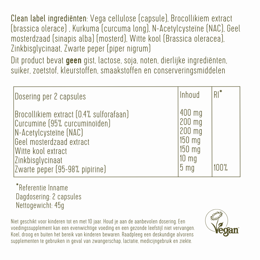 Ingredëntenlijst van de Glucosinolaten met Kurkuma complex. Bevat brocollikiem extract, kurkuma, n-acetylcysteïne, geel mosterdzaad, witte kool, zinkbisglycinaat, zwarte peper.