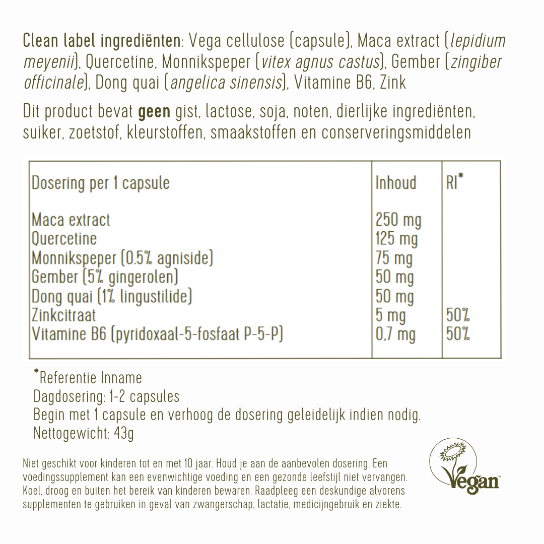 Ingrediëntenlijst van de Pre Menstruatie Balans. Het bevat maca extract, quercetine, monnikspeper, gember, dong quai, vitamine B6 en zink.