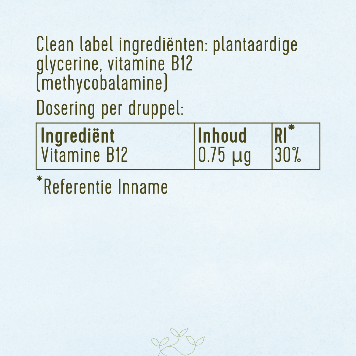 Overzicht van ingrediënten en dosering van Laveen Vitamine B12 druppels met 0,75 microgram vitamine B12 per druppel, wat overeenkomt met 30% van de dagelijkse referentie-inname